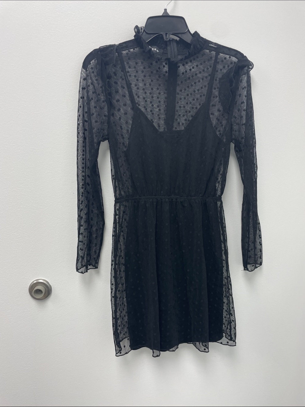 Parisian Black Sheer Dot-Texture Long Sleeve Dress
